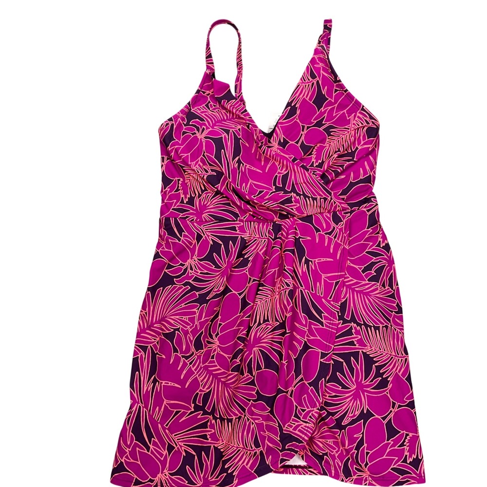Lands End Swimdress Womens Medium Magenta Tropical Palm Leaf Wrap Beach‎ Resort